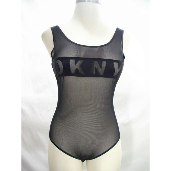 DKNY DK7007 Sheer Mesh Logo-Band Bodysuit MEDIUM Black NWT