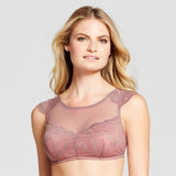 Gilligan & O'Malley Cap Sleeve High Neck Lace Bralette Wire Free Brown Rose MEDIUM - Better Bath and Beauty