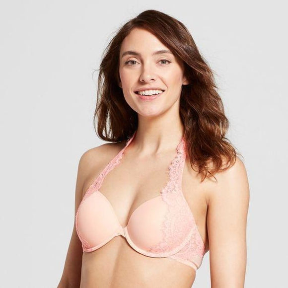 Gilligan & O'Malley Everyday Lace Lightly Lined Haltered Bra 38B Pom Pom Pink - Better Bath and Beauty