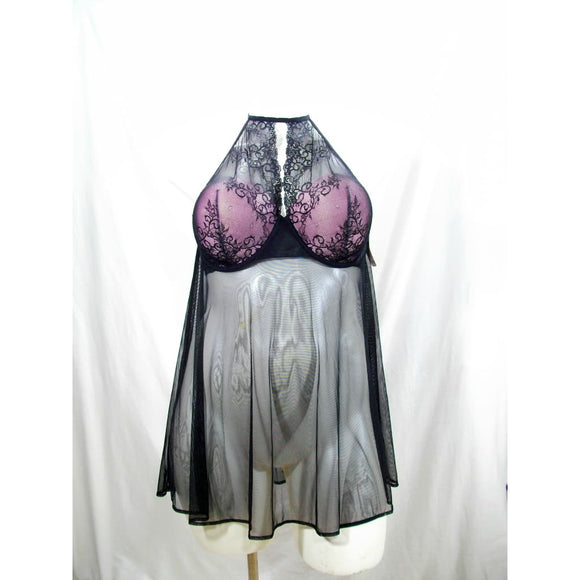 Jezebel 999859 Crave Plus Size Lace Halter Underwire Chemise & G-String Set 3X Pink Black - Better Bath and Beauty