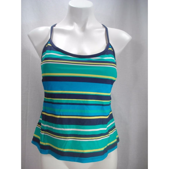 Tropical Escape Cross Back Striped Tankini Swim Suit Top Size 12 Blue & Green - Better Bath and Beauty