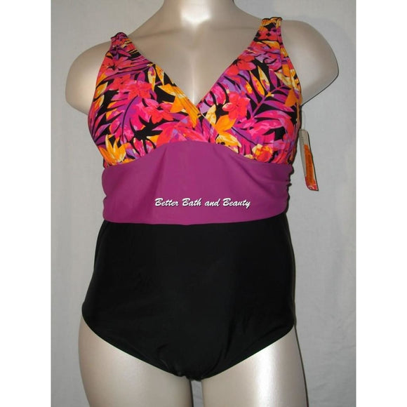 Tropical Escape Plus Size Crossover Neckline One-Piece Swim Suit 20W Pink Floral - Better Bath and Beauty