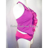 Tropical Escape Ruffled Deep Plunge Halter Tankini Swim Suit 12 Purple Pink NWT - Better Bath and Beauty